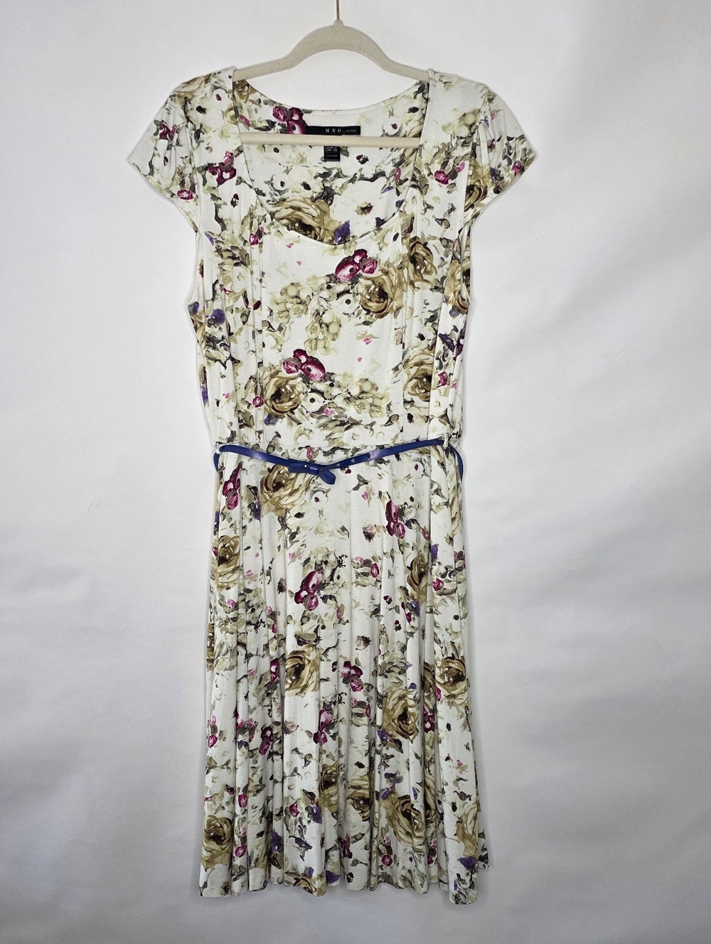 Mango MNG Floral Belted Dress XL Scoop Neck Stretch Office Soft Pleats Retro